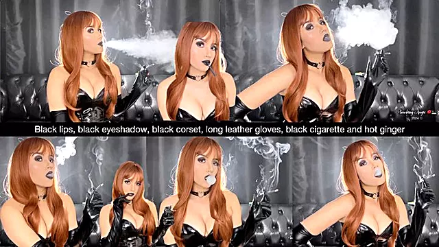black lips, black eyeshadow, black corset, long leather gloves, black cigarette and hot ginger