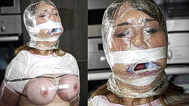Bröst Bondage, Plast Bondage, Fastbundna Kvinnor, Gag Bunden, Bröst Bunden, Tafsa På Brösten