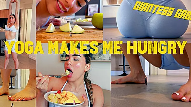 YOGA makes me HUNGRY - 4K Giantess Gabi Steps on, Sits on, Belly squishes, then Eats tiny men