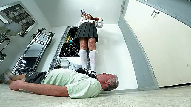 Schoolgirl Stood On Him In Long Socks & A Grey Pleated Skirt FLOOR CAM (4K)