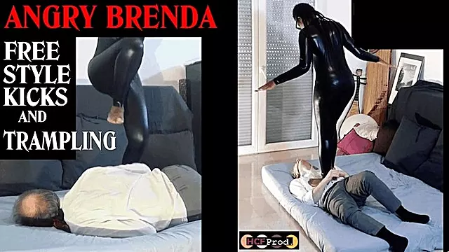 EBONY DOMINA makes FREE STYLE KICKS and TRAMPLING to old white slave (HD)