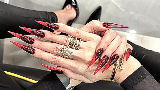 Red Color Long Nails, Sharp Stilettos, Palms, Long Fingers and Hands Worship