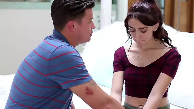 A small tits cutie is getting pressure applied to her tight cunt