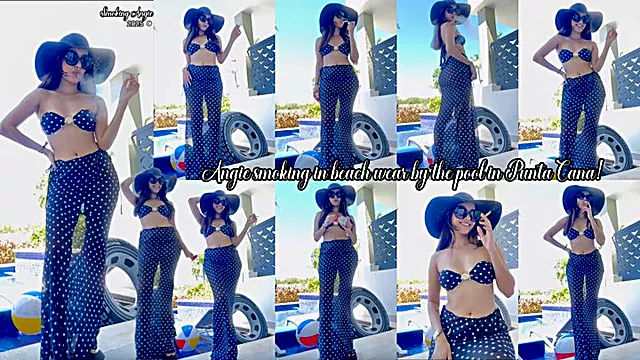 Angie smoking in beach wear by the pool in Punta Cana!
