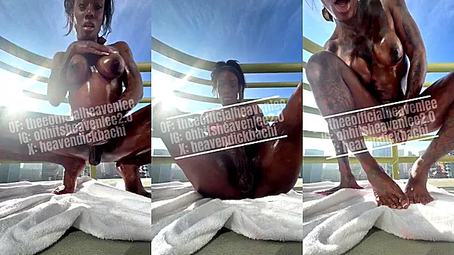 Trans big dick heavenlee strokes while ppl watch cumshot