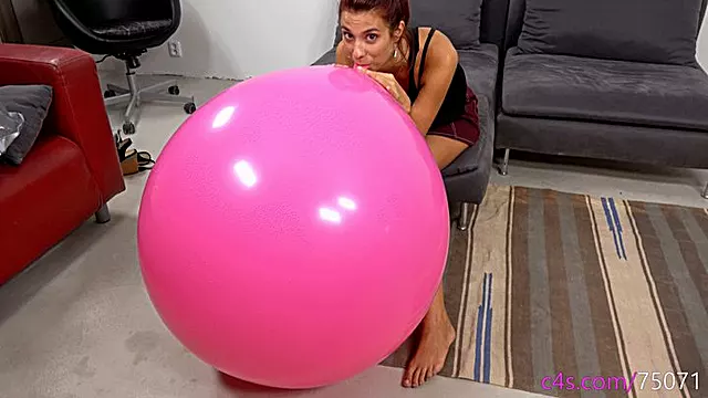 Barbara Struggles to Mouth Inflate HUGE Pink Balloon Drooling Non-Pop + Slips While Stroking & Deflates (HD resolution)