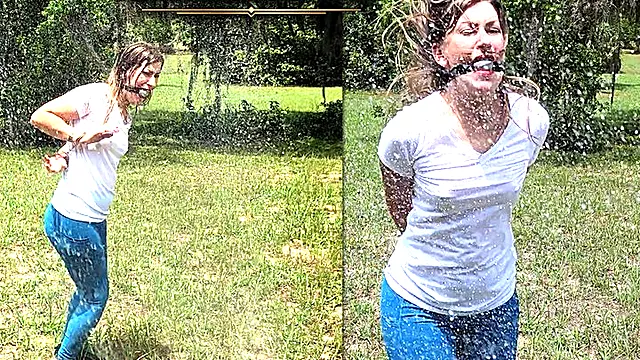 POV as Personal Trainer to PAWG THOT Catherine Sterling - Hand & Ankle Cuffed, Ballgagged Self Bondage Hopping Hosedown in a Splash of Water Bondage Motivation! Mobile Streaming Friendly SD MP4 Flie Format