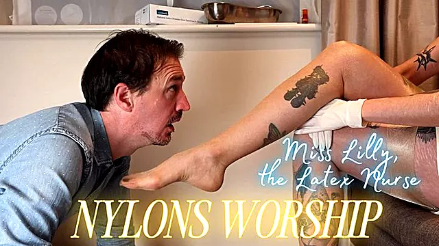 The Foot Boy Worships Miss Lilly, The Latex Nurse In Silky Nylons
