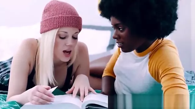 Black muff diver with small tits licked by cute white girl