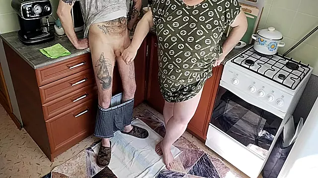 A Fat Woman Jerks Off My Dick In The Kitchen And I Cum Powerfully