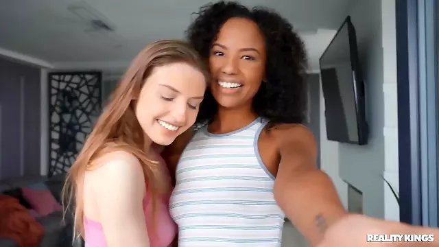 Romy Indy and Jayla De Angelis pleasuring horny dude on the couch