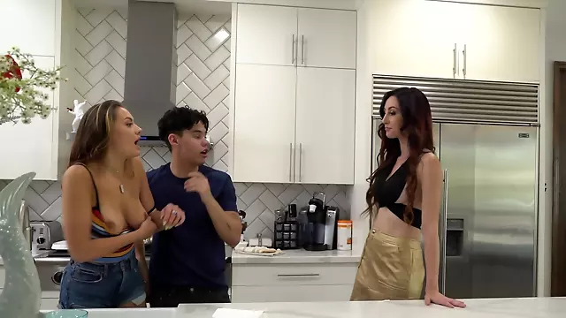 Horny and busty MILF seduces boy behind stepdaughter's back