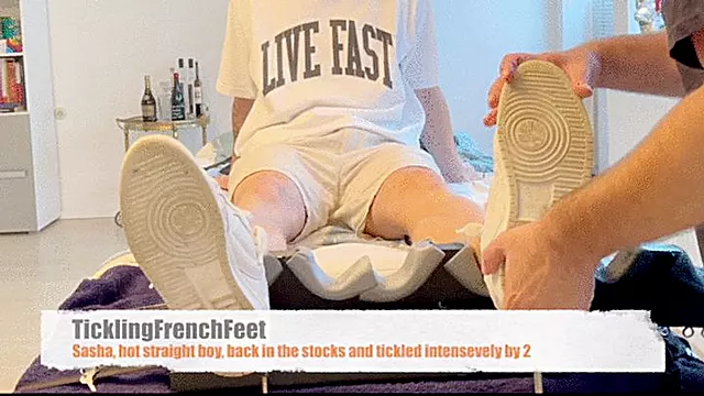 Sacha, hot straight boy, back in the stocks and tickled intensively by 2 (mobile)