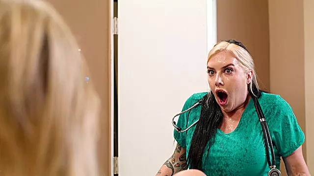 Busty tattooed blonde squirting all over the big tits nurse