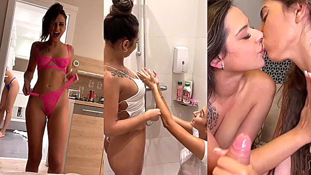 Lesbian Shower quickly escalates to Double Blowjob Deepthroat - Huge facial and cum swaping