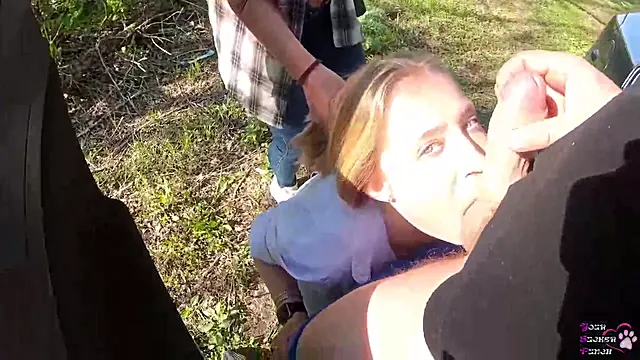 Insane brown-haired is witnessing a random dame deep-throating her beau's schlong and getting a facial cumshot popshot
