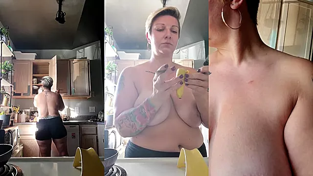 I cook breakfast with my huge tits out, smoking a blunt