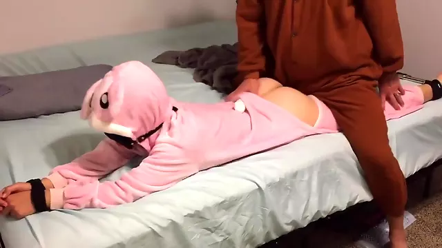 Bunny Onesie Tied Up And Fucked In Bed
