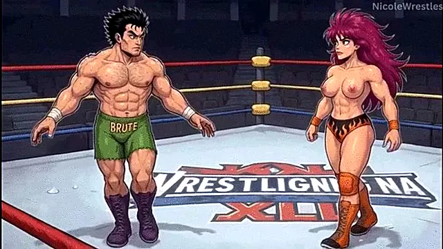 Mixed wrestling cartoon style AI: Barbra vs Logan FULL