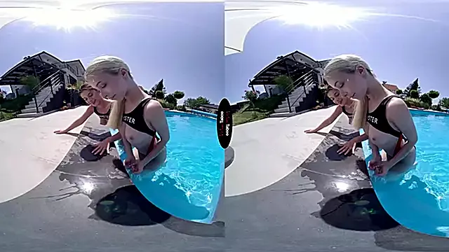 Brunette lesbian babes share a wet pool fuck session