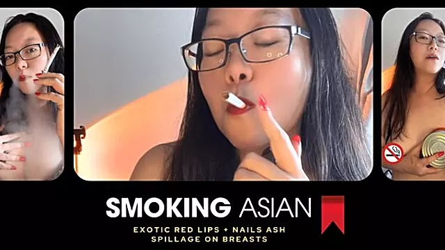 Exotic Smoking Asian: Red Nails, Red Lips Smoking Harlot Spills & Rubs Ash on Breasts