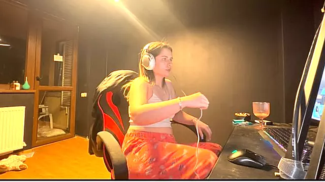 Cute blonde farting on gaming chair