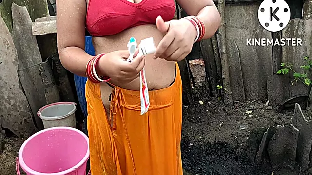 Indian House Wife Bathing Outside