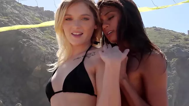 Small tits blonde MILF Kylie Belle posed with sexy ebony teen Hannah Le